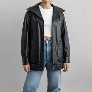 Black Genuine Leather Coat Jacket Grunge Minimalist Streetwear Quiet Luxury 90s